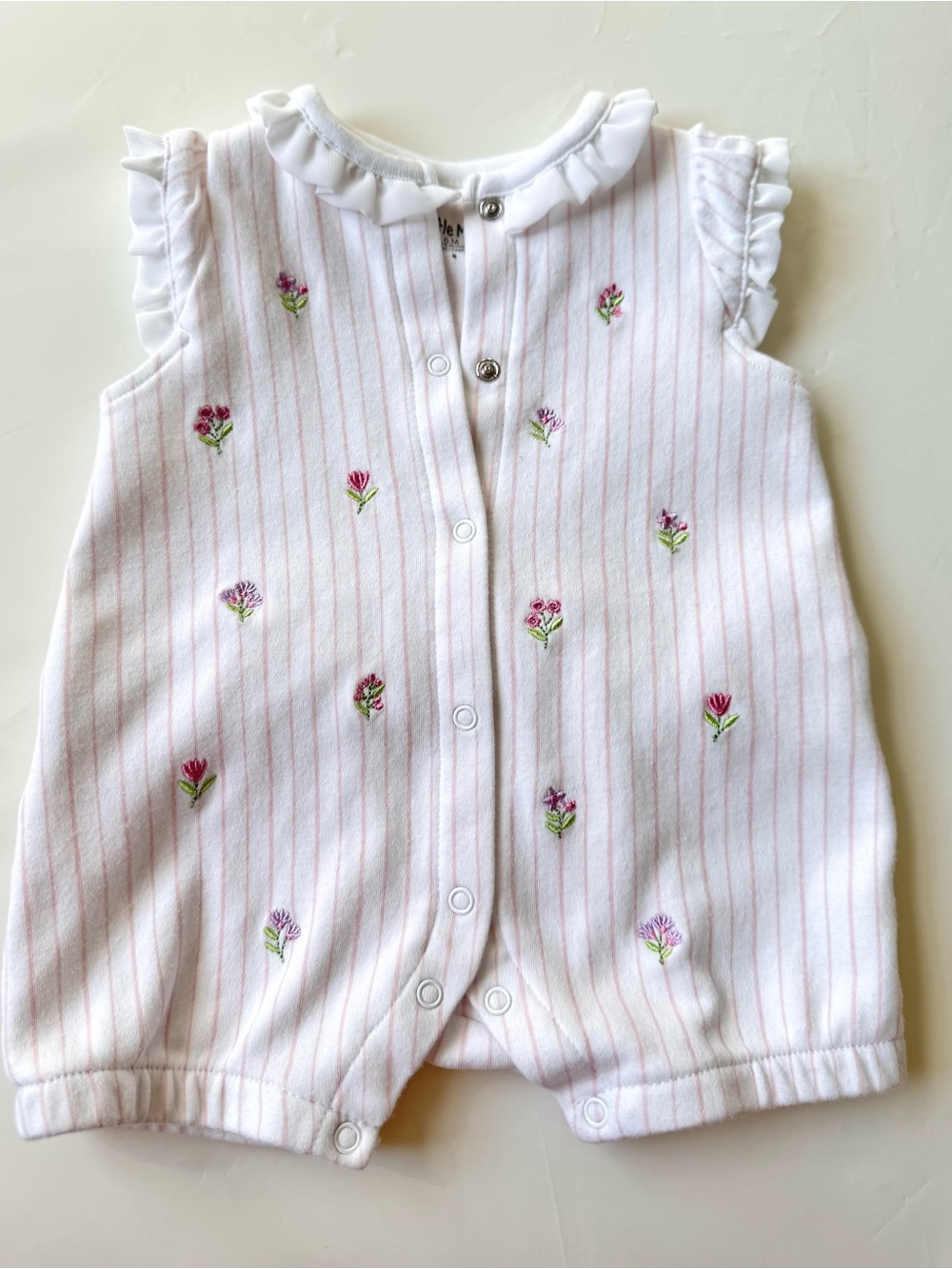 Little Me Pink & White Striped Floral Embroidered One-Piece